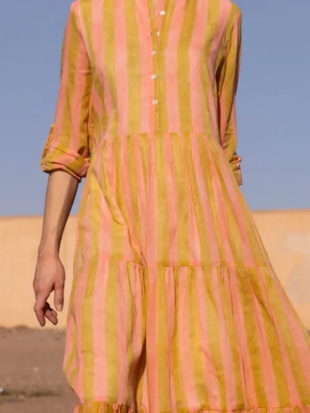 Oliphant Striped Pink and Yellow Tiered Cotton Dress 💕🔥